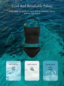 MOTF PREMIUM HALTER NECK RING DETAIL TANKINI SET FOR SUMMER BEACH VACATION - Black - View 8