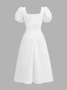 SHEIN Girlism 青春期女孩返校可爱甜美纯白色中长连衣裙，优雅时尚，适合典礼、派对和所有场合 - 白色 - 查看 2