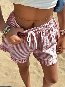 Jouncy 女式格子印花荷叶边下摆抽绳腰休闲短裤 - 彩色 - 查看 4