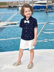 Joliand Joliand Set de 2 piezas con blusa de polo de manga corta con estampado de faro y pantalón corto blanco, un conjunto elegante y urbano adecuado para uso casual diario, viajes y playa, para jóvenes y niños.