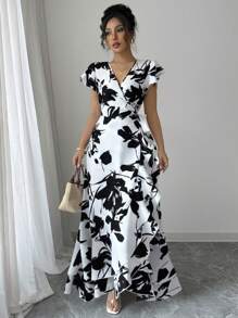 Elenzga Vestido largo con cuello en V, mangas con volantes y cintura anudada, estampado para mujer - Blanco y Negro - Ver 1