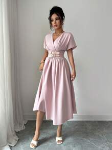 Modelyn Đầm midi tay ngắn cổ chữ V màu trơn thanh lịch cho nữ - Hồng - Xem 3