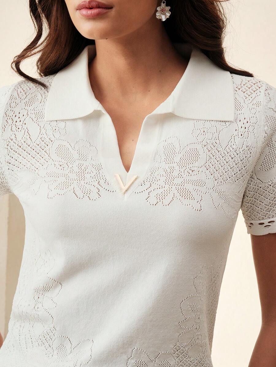 Anewsta Elegant & Dignified V-Neck Floral Hollow-Out Embroidery Knitted T-Shirt Blouse, Spring & Summer - White - View 1