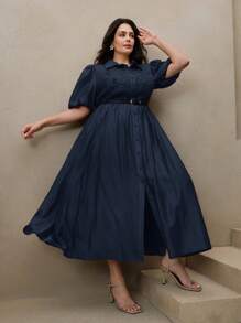Anewsta Lace Patchwork Puff Sleeve Shirt Collar Elegant Maxi Dress For Women - Navy Blue - View 4