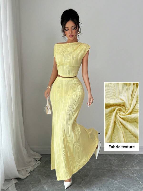 Modelyn 2 pièces/set Femme Top plissé asymétrique à l'épaule texturé jaune et jupe évasée taille haute