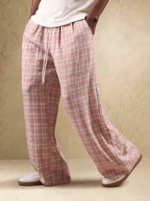 SUMWON Loose Fit Pull On Check Pants Casual Drawstring Trousers Wide Leg Loungewear Plaid Pattern Lightweight Spring Summer Comfort Bottoms - Pink - View 7