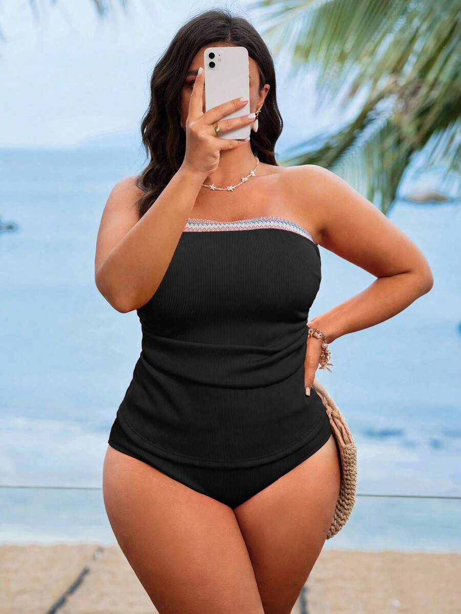 SHEIN Swim 大尺碼女款粉色細肩帶抹胸拼接撞色顯瘦高階海灘度假泳裝,適合夏季海邊度假 - 黑色 - 查看 1