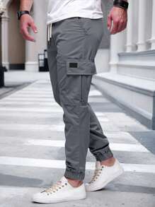 Manfinity Homme Pantaloni cargo casual slim fit pentru bărbați, cu cordon, în culori solide, cu mai multe buzunare, pentru întoarcerea la școală
