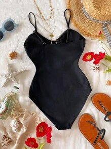 Teen Girls' Solid Color Metal Shell Decor Spaghetti Strap One-Piece Swimsuit