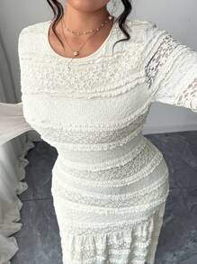 Elenzga Plus Size Women's Popular Round Neck Long Sleeve Pleated Fitted Elegant Dress, Casual Stretchy Flare Sleeve Long Dress For Outing And Vacation Fall Cloth For Women