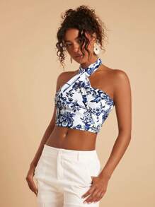 Travachic 度假露背印花短款上衣、沙滩装、春夏、复活节、假日、海滩、春假、度假、音乐会