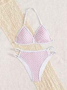 Teen Girls Plaid Print Halter Bikini Set, Pink Jacquard Fabric, Adjustable Pink Bathing Suit Triangle Bikini Summer Swimsuit Petite Swimwear - Baby Pink - View 6