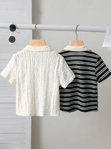 SHEIN 2件套男童可爱休闲夏季百搭条纹短袖polo衫，适合生日派对、晚宴、演出、婚礼、洗礼和学校假期等场合。 - 黑色 - 查看 2