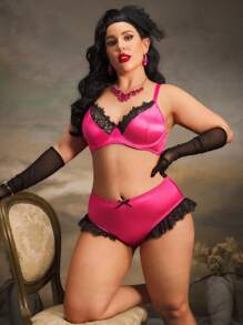 2 件加大码文胸套装，带钢圈、蕾丝睫毛、褶饰、缎面、复古色块、蝴蝶结设计