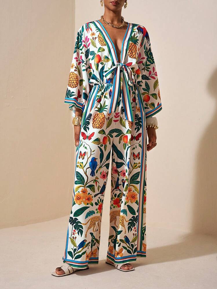 Zivah Elegant Resort Romantic Spring Floral Print Tie-Up Loose Women's Jumpsuit - Multicolor - View 4