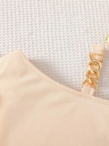 两件套少女休闲套装，金色装饰无袖上衣搭配松紧腰宽松短裤，适合日常穿着、派对和夏季穿着。 - 杏色 - 查看 5