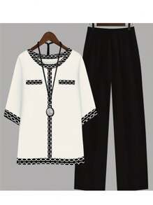 INAWLY Women 2pcs/Set Contrast Trim Short Sleeve Top And Solid Color Long Pants - Black and White - View 1