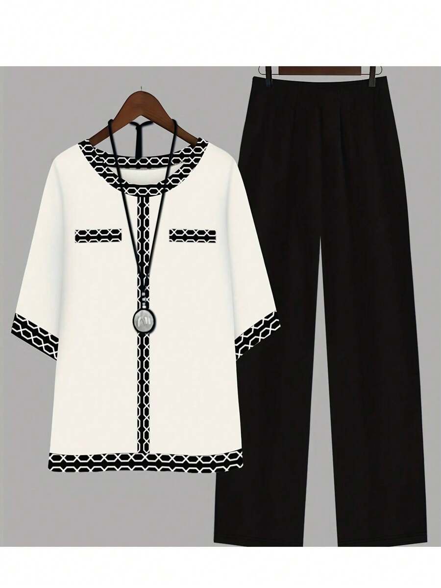 INAWLY Women 2pcs/Set Contrast Trim Short Sleeve Top And Solid Color Long Pants - Black and White - View 1