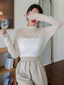 DAZY Cowl Neck Mesh Top Without Tube Top Going Out Tops Sheer Long Sleeve Women Tops,Fall Women Clothes - Beige - View 7