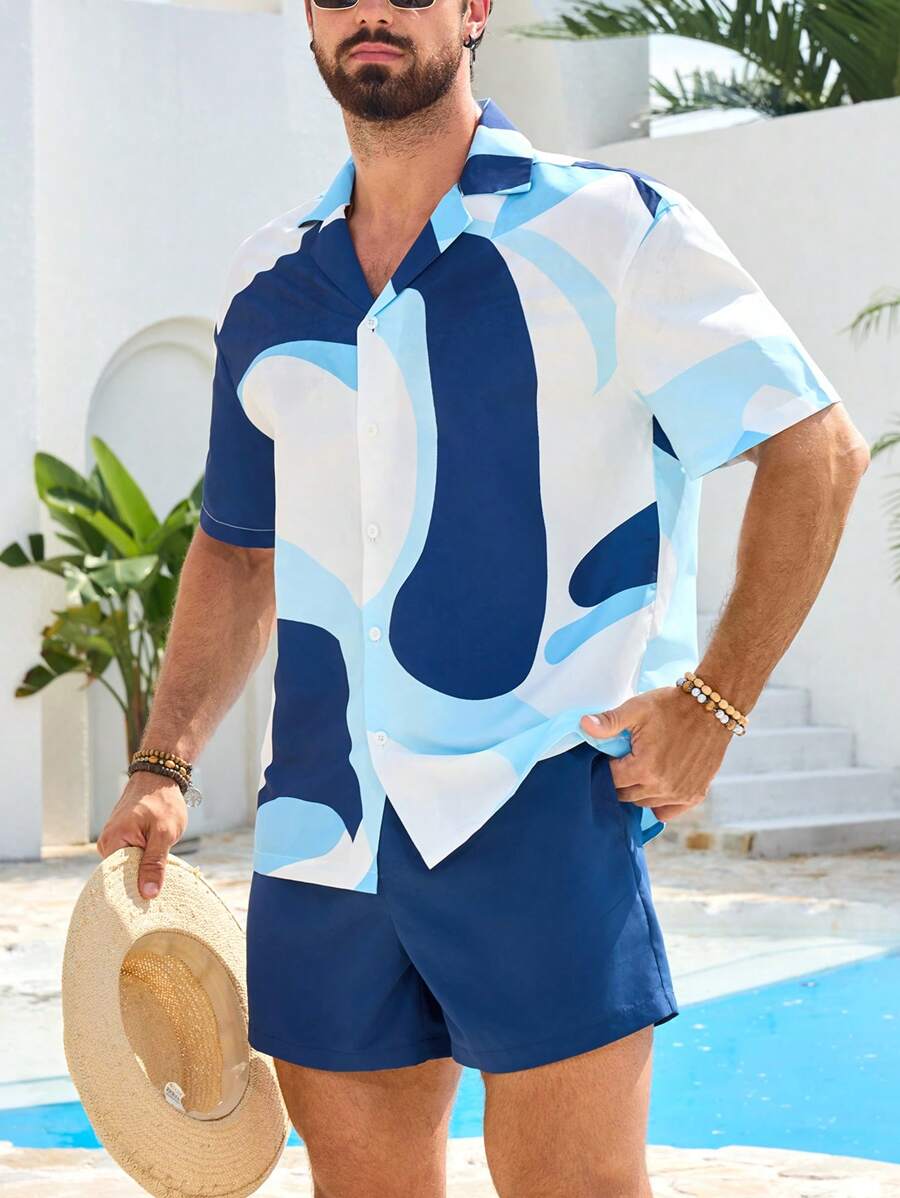 Manfinity Swimmode Men's All-Over Print Short Sleeve Top And Pocket Shorts Beach Suit Men Resort Wear Men Vacation Outfit Men Pool Outfit