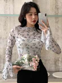 DAZY Floral Print Flounce Sleeve Mesh Top Without Cami Top Going Out Tops Sheer Long Sleeve Women Tops,Fall Women Clothes Turtleneck Women - Multicolor - View 6