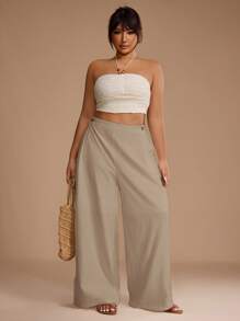 SHEIN Unity 女士大码白色夏季休闲度假宽松长裤/亚麻长裤/夏季长裤/白色女裤/阔腿女裤/双扣设计/大码正装裤/通勤上班 - 杏色 - 查看 4