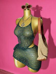 Slaydiva 2025夏季新款，适合生日派对、日常出行、休闲度假、邮轮旅行、海滩、海边、日光浴等场合，基础百搭，线上热销单品，露背吊带，性感露背紧身裤，短款不对称下摆上衣和不对称侧边吊带裙，透视纹理，闪亮亮片，夏季毛衣套装，秋冬女士毛衣套装