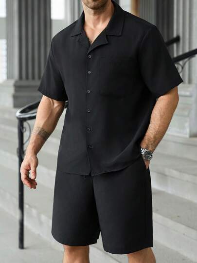 Manfinity Homme 2pcs/Set Plus Size Men's Casual Loose Short Sleeve Shirt And Shorts Set