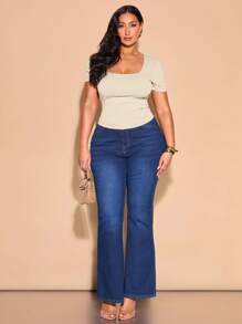 SHEIN BAE 大码春夏高街灰色方领收褶弹力针织紧身短袖T恤，优雅百搭通勤上衣，女教师款 - 杏色 - 查看 5