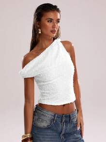 SHEIN BAE Women's Summer Sexy Bohemian Beach Vacation Concert Crochet Asymmetrical Shoulder Knotted Going-Out Tops, Summer,Club Women Sexy,Rave Top - White - View 5