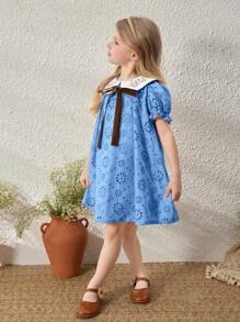 Blossori Young Girls' French Elegant Apricot Collar Embroidered Puff Sleeve Dress, Spring/Summer - Blue - View 3