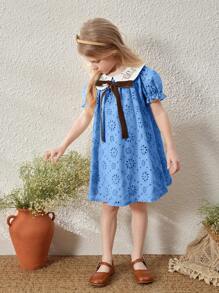 Blossori Young Girls' French Elegant Apricot Collar Embroidered Puff Sleeve Dress, Spring/Summer - Blue - View 7