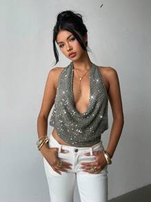 Aloruh 欧式 V 领露背短款上衣，纯色，时尚，合身，百搭 - 深灰色 - 查看 8