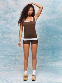 GLOWMODE Pima Cotton Layer Up Soft Stretchy Lightweight Contrast Color Square Neck Double Layer Strappy Cami Tank Top Low Impact Yoga Pilates Studio Gym Daily - Chocolate Brown - View 5