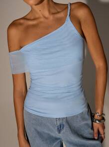 夏季女士浪漫/舞会/正式/生日/90 年代服装/商务休闲女士/优雅/西部服装/外出/时尚/休闲/Y2k 服装/俱乐部/办公室/鸡尾酒会/复古/紧身/狂欢节/有趣/优雅/老钱/街头服饰/度假/乡村音乐会/工作服/端庄/春假/单身女郎/音乐会/坏人/基本款/毕业/海滩度假/天蓝色不对称紧身弹力上衣 - 淺藍色 - 查看 3