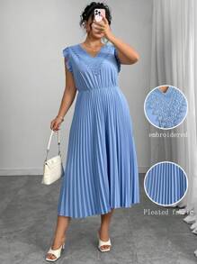 Elenzga Plus Size Women Woven Ruffle Splicing V-Neck Waist Pleated Dress, Elegant Blue, Spring & Summer - Blue - View 8