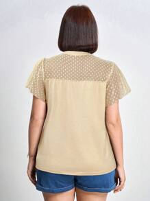 Chikora Plus Size Music Festival Women Loose Fit Round Neck Mesh Contrast Ruffle Short Sleeve Top For Summer,Office - Apricot - View 2