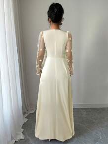 Firerie 女士网眼刺绣长袖方领系带 A 字裙，浪漫伴娘礼服，适合婚礼、派对、约会、毕业典礼、表演、音乐会