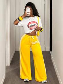 女式字母和侧条纹印花抽绳腰部宽松运动裤 - 黃色 - 查看 3