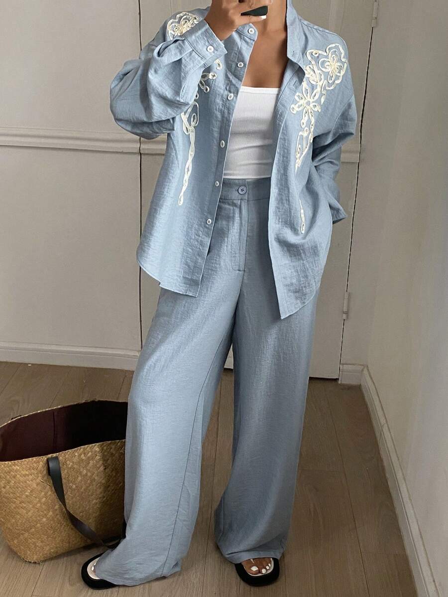 DAZY Women's Casual Lace Decor Shirt And Wide Leg Pants 2 Pieces Set, Autumn,Fall Women Clothes Lounge Sets For Women Vacation Outfits Women - Blue - View 1