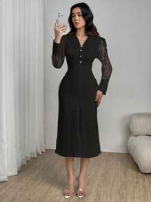 Modelyn Elegantes figurbetontes Kleid mit einfarbiger Knopfleiste, Meshstoff-Einsätzen und Langarm