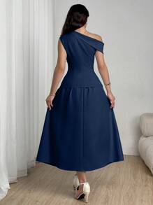 Modelyn 2pcs Set Solid Color Asymmetric Collar Blouse And Skirt - Navy Blue - View 2
