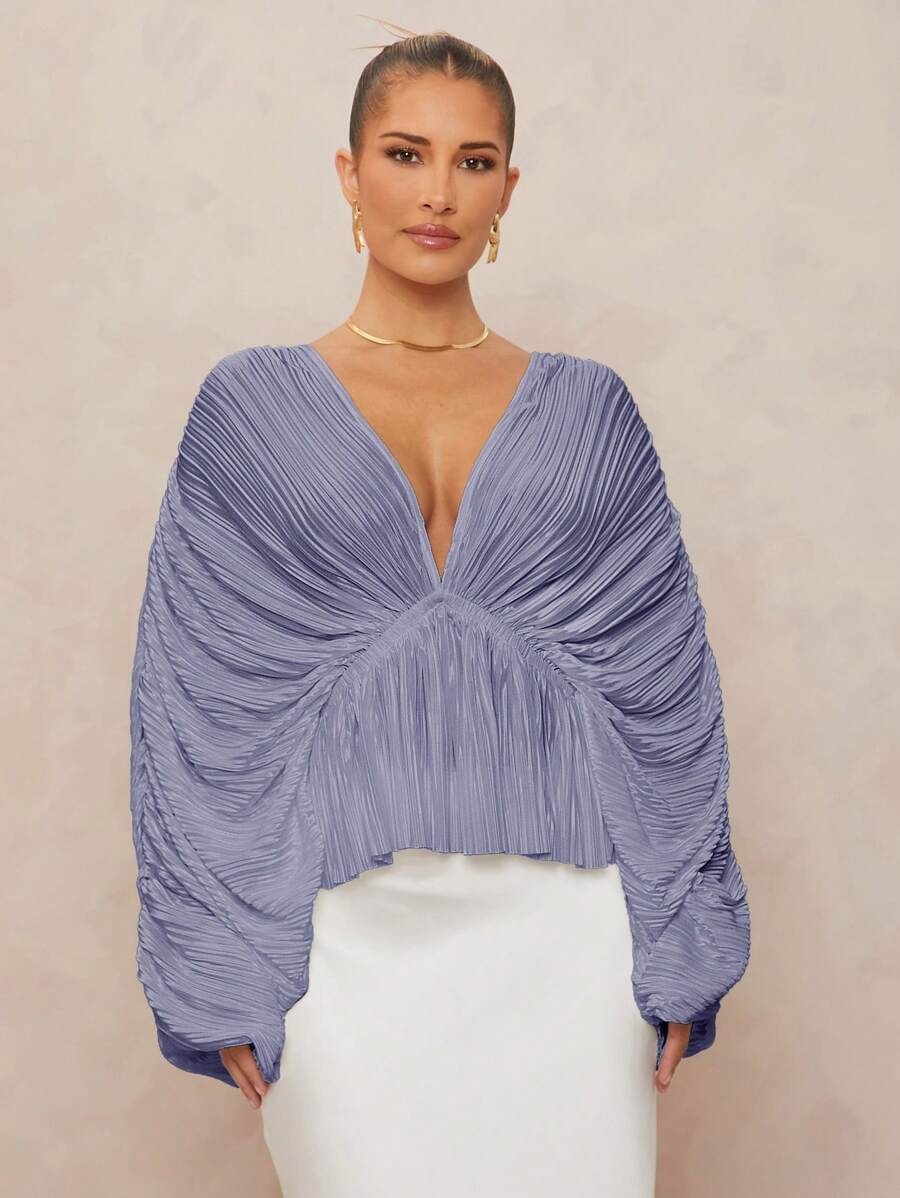 Lumalex Deep V-Neck Oversized Bell Sleeve Loose Women Shirt With Ruffle Hem - Purple - View 1