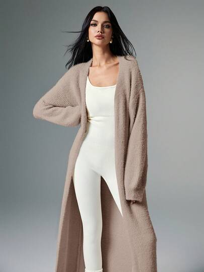 Poéselle Apricot Plush Extra Long Cardigan,Women's Solid Color Casual Knit Cardigan,Fall Women,Winter Women,Women Cardigan. Soft And Comfortable Fabric Warm, Simple Fashion, Old Money Style, Suitable For Daily Street, Commuting, Home Wear,Ladies Winter Casual Drop Shoulder Loose Khaki Plain Women Cardigans,Casual Daily Wear Long Cardigans Ladies Duster Long Sweater Cardigan