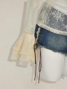 SHEIN ICON Y2k Phụ nữ đi chơi mùa thu Tây Boho Sexy Hippie Beige Goth Màu trơn Tay dài ren xuyên thấu Áo cánh cổ chữ V xếp nếp - Màu be - Xem 5