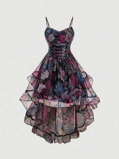 SHEIN MOD Plus Size Vintage Palace Romantic Floral Ruched Bust Front Tie Waist Front Short Back Long Mesh Dress Bustier Dress Whimsical Dress Corset Dress