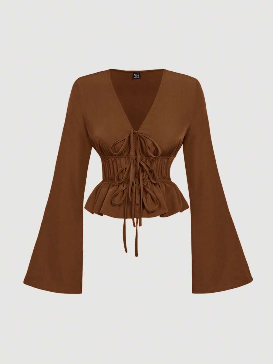 SHEIN MOD Blusa con mangas acampanadas y nudo delantero para mujer, disfraces calados, disfraz de diablo, vintage, top de pirata, hippie, blusas para salir - Marrón - Ver 1