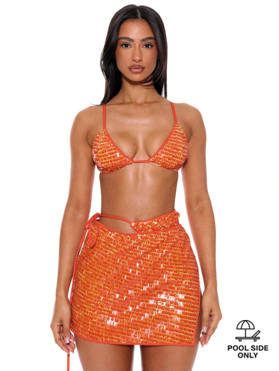 Musera Resort 吊带亮片比基尼上衣，仅限夏季春季假期性感伊比沙岛海滩装俱乐部派对纳米级 - 橘色 - 查看 1