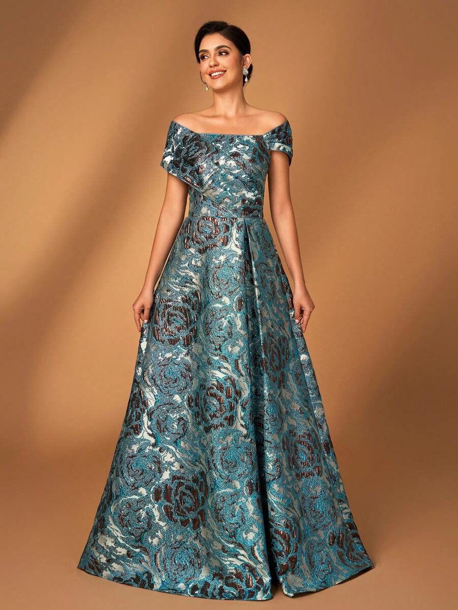 优雅奢华的织锦露肩保守 A 字裙，适合婚礼、派对、节日、舞会、晚礼服、新娘母亲 - 藏蓝色 - 查看 1