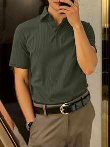 Manfinity Homme 男士纯色夏季休闲时尚短袖 Polo 衫男士罗纹 Polo 衫 - 軍綠色 - 查看 3
